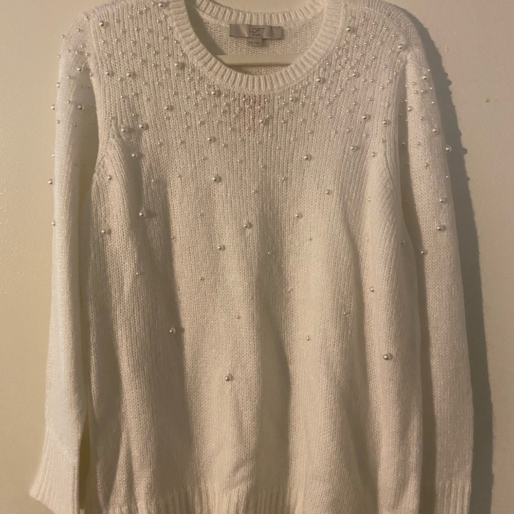 LOFT White Sweater with Pearl Details